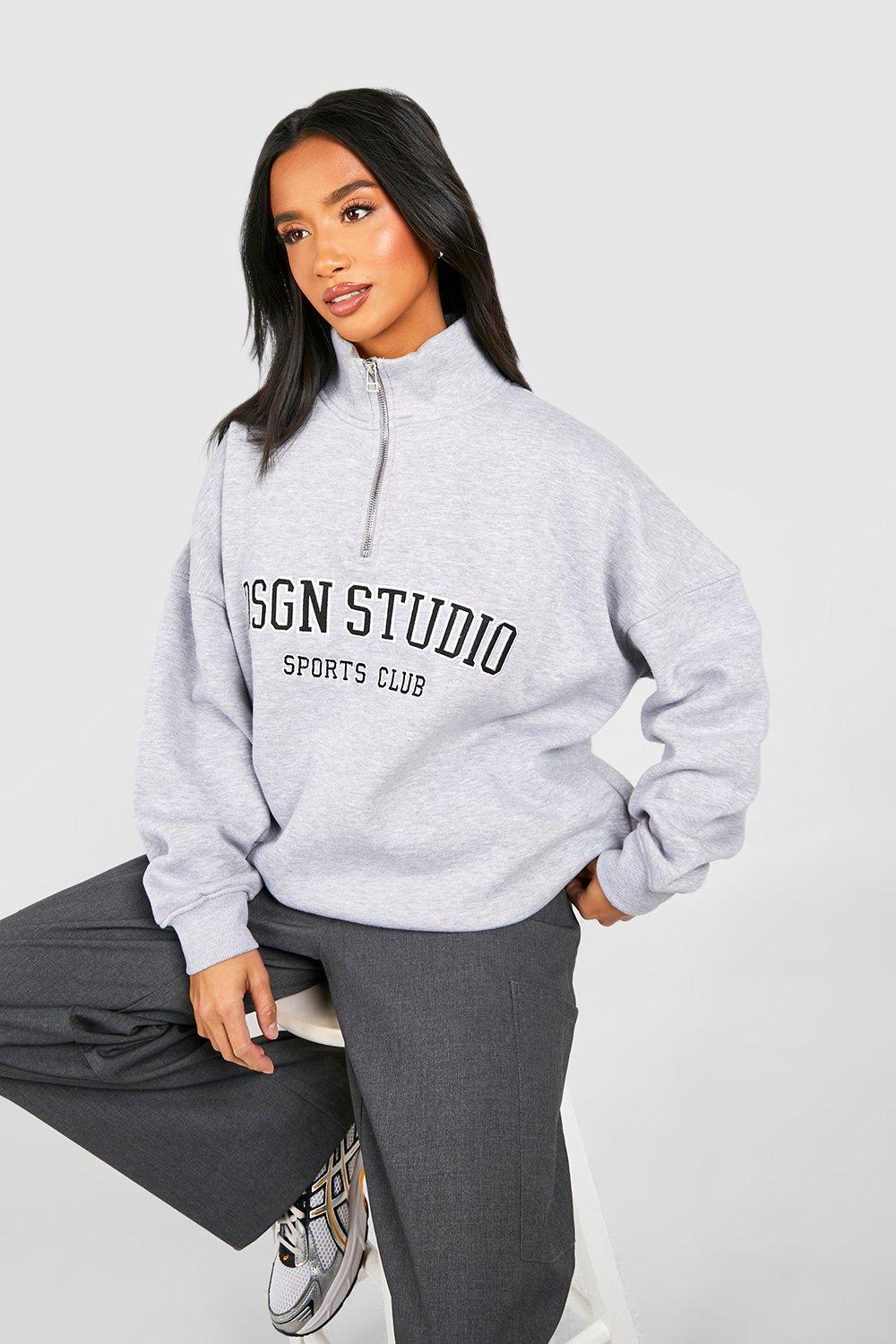 Womens Petite Dsgn Studio Applique Oversized Half Zip Sweatshirt - Grey - M, Grey